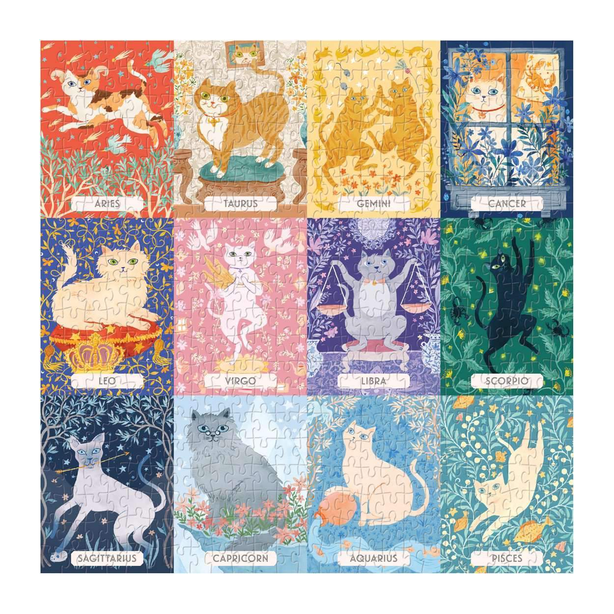 Puzzle zodiak kot 500 elementów przedstawiające 12 znaków zodiaku jako urocze koty na różnych kolorowych tłach