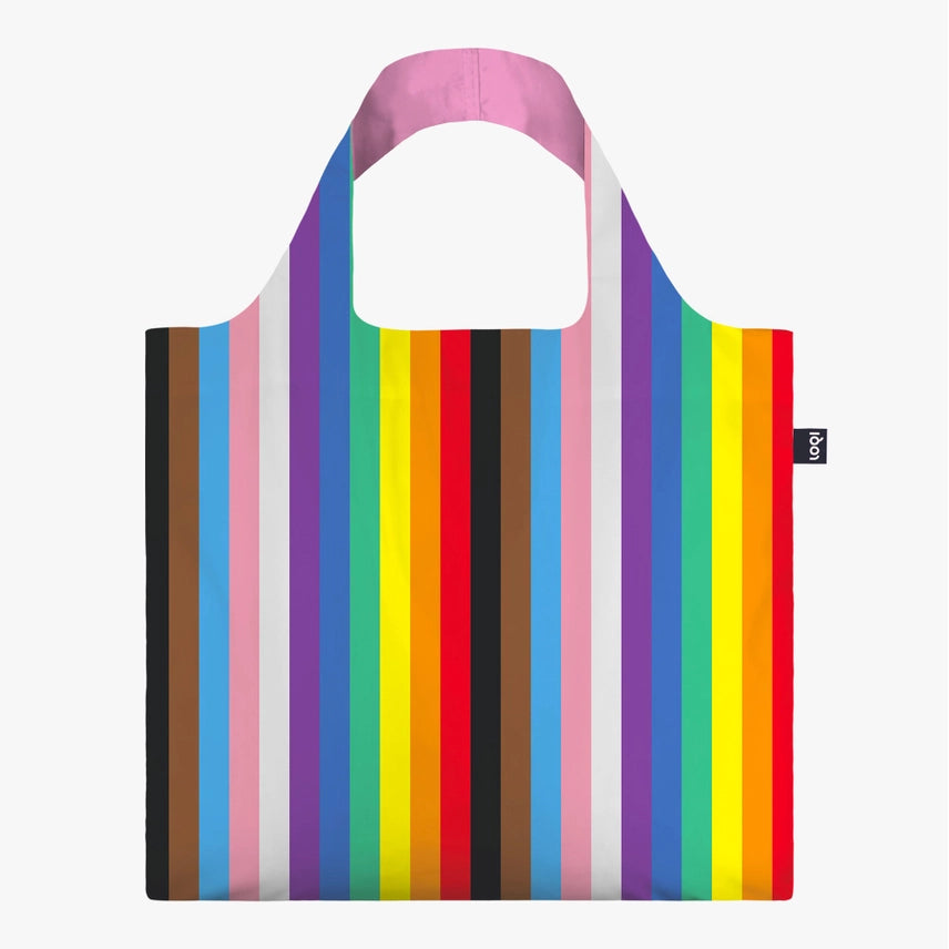 Kolorowa torba LOQI Pride z paskami w barwach tęczy i różowym uchwytem