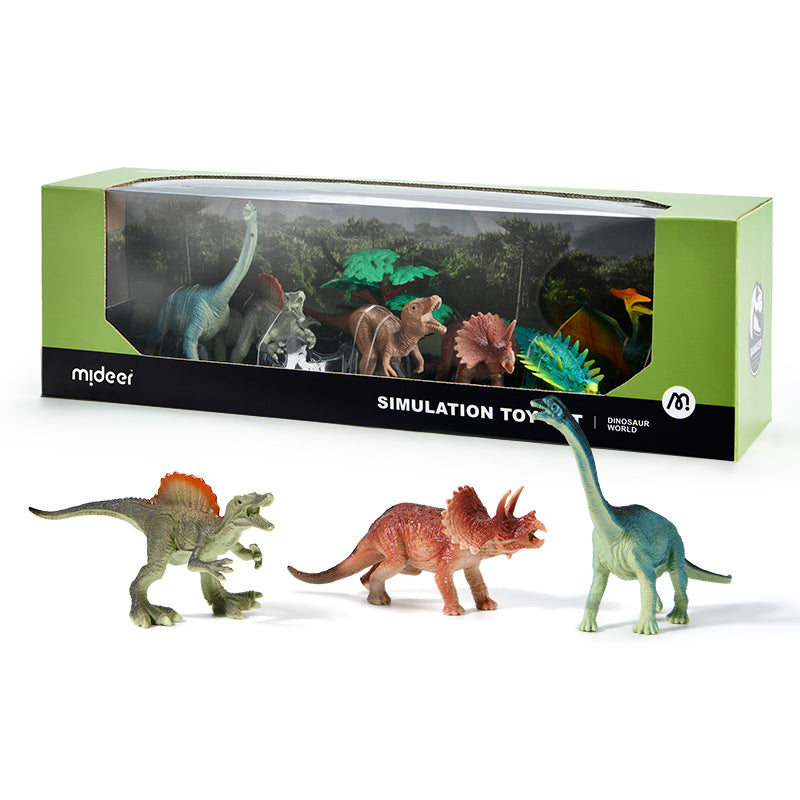 Um conjunto de figuras de dinossauros infantis da Yamann em uma embalagem com vários modelos de dinossauros