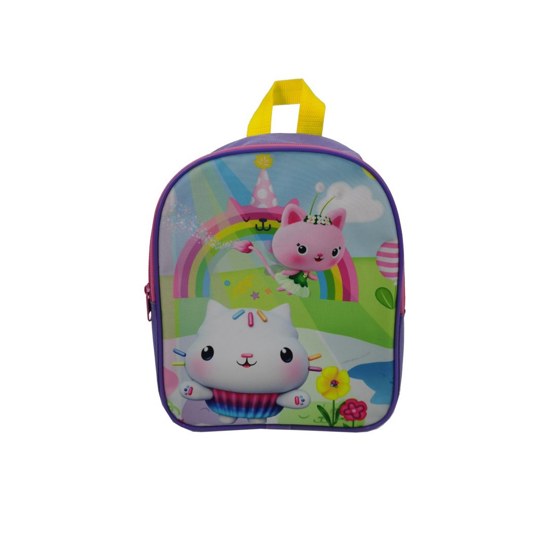 Colorful preschool backpack Gabi's Cat House with a print of two kittens and a rainbow.