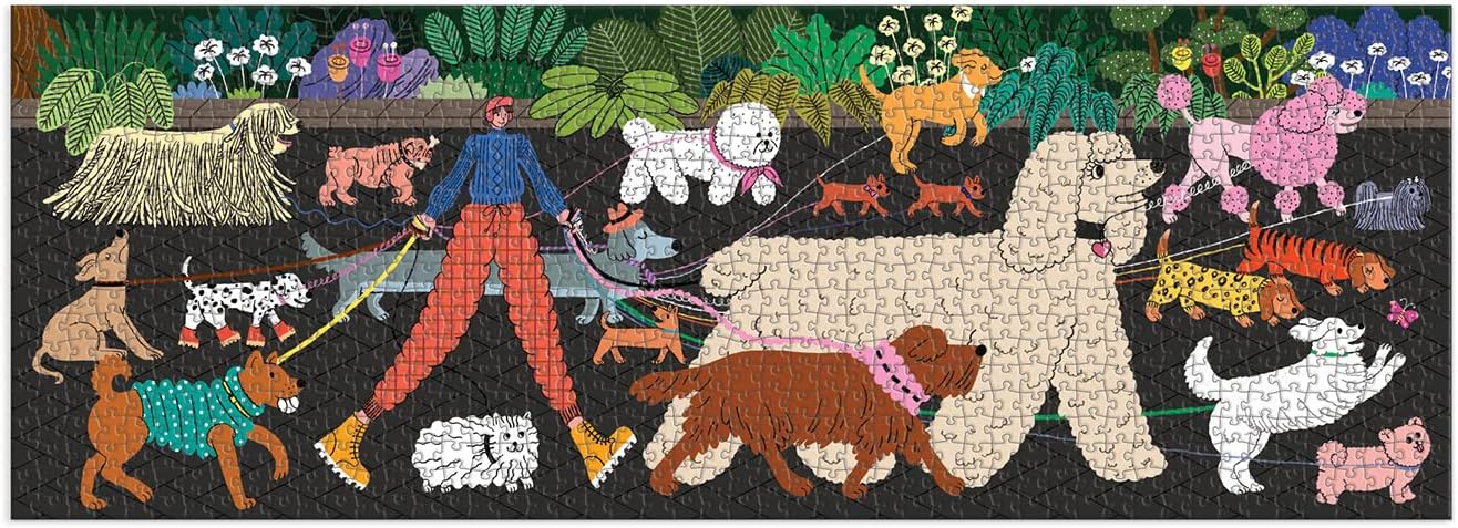 Kolorowe puzzle z psami 1000 elementów przedstawiające różne rasy psów i postać człowieka na spacerze