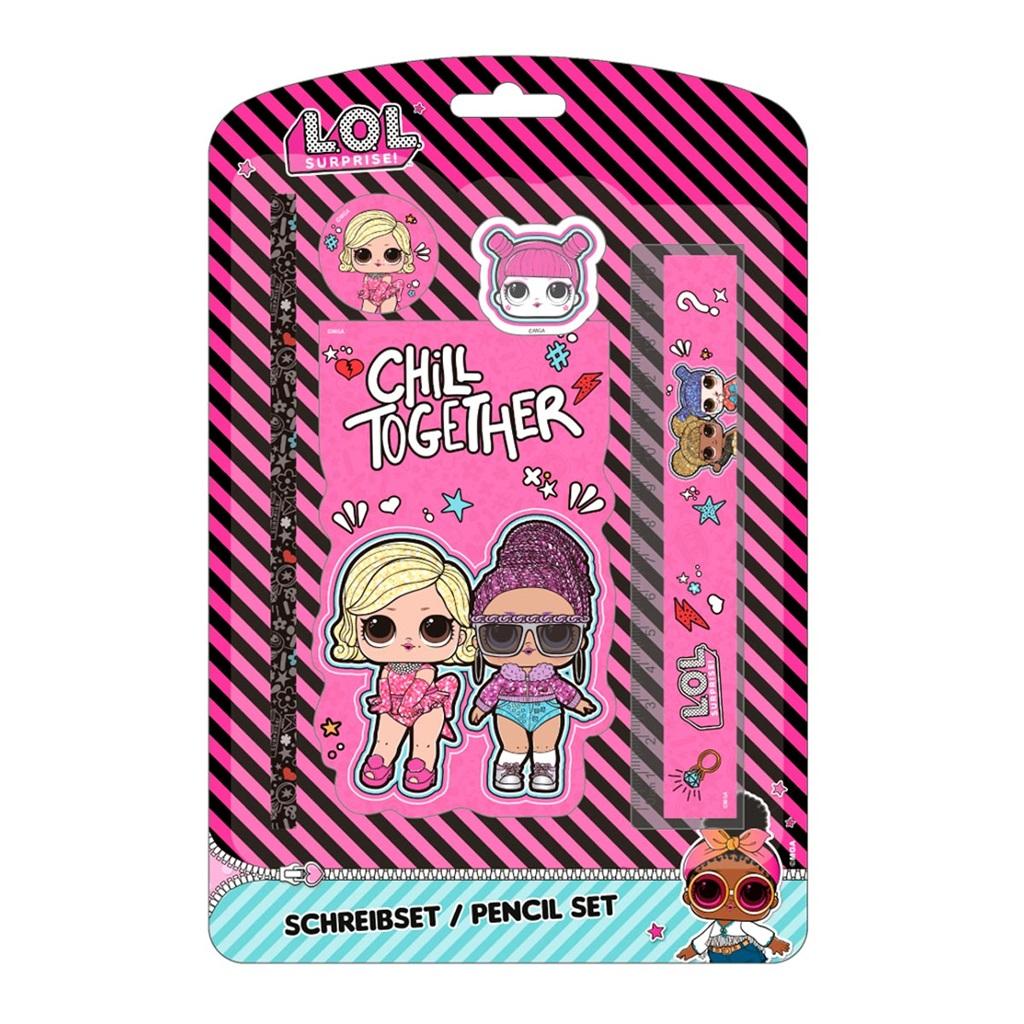 Set von Schulmaterialien LOL Surprise mit Bleistift, Lineal und Aufklebern in einer rosa Verpackung