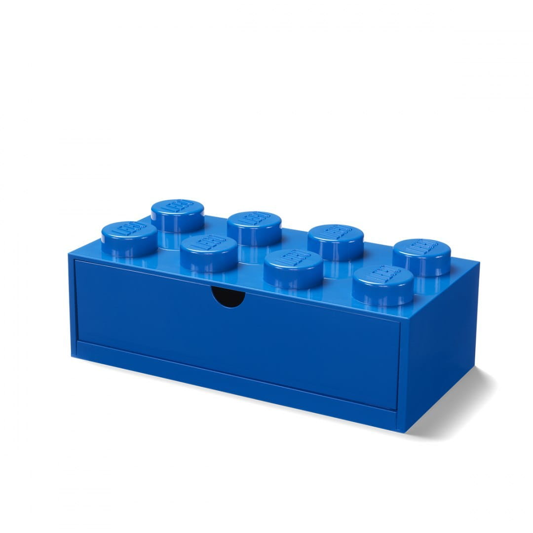 Niebieska szufladka LEGO na biurko w kształcie klocka z ośmioma wypustkami do przechowywania