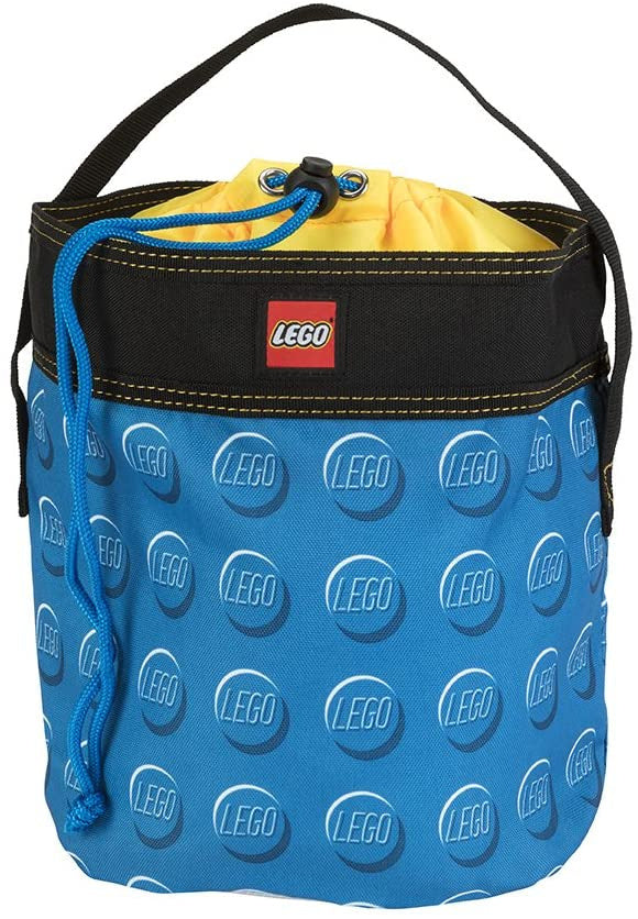 Niebieski kubełek LEGO na klocki z sznurkiem do zamykania i uchwytem do przenoszenia