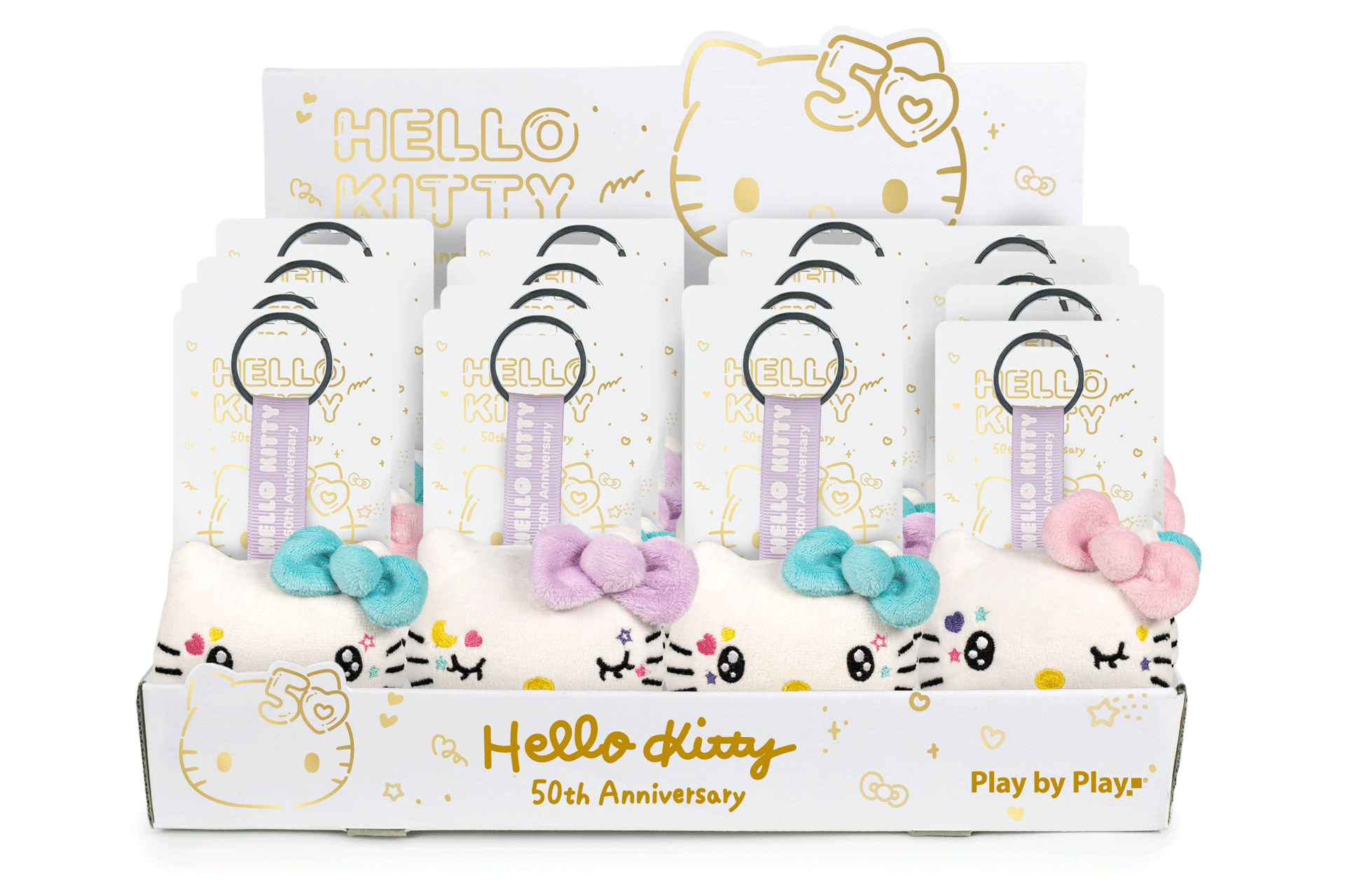 Brelok Hello Kitty z miękkim białym kształtem i kolorową kokardką w opakowaniu prezentowym