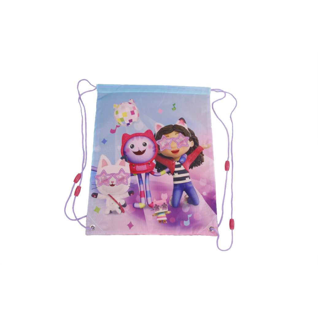Bolsa Gabby Cat House com estampa colorida de personagens de desenhos animados e cordões rosa