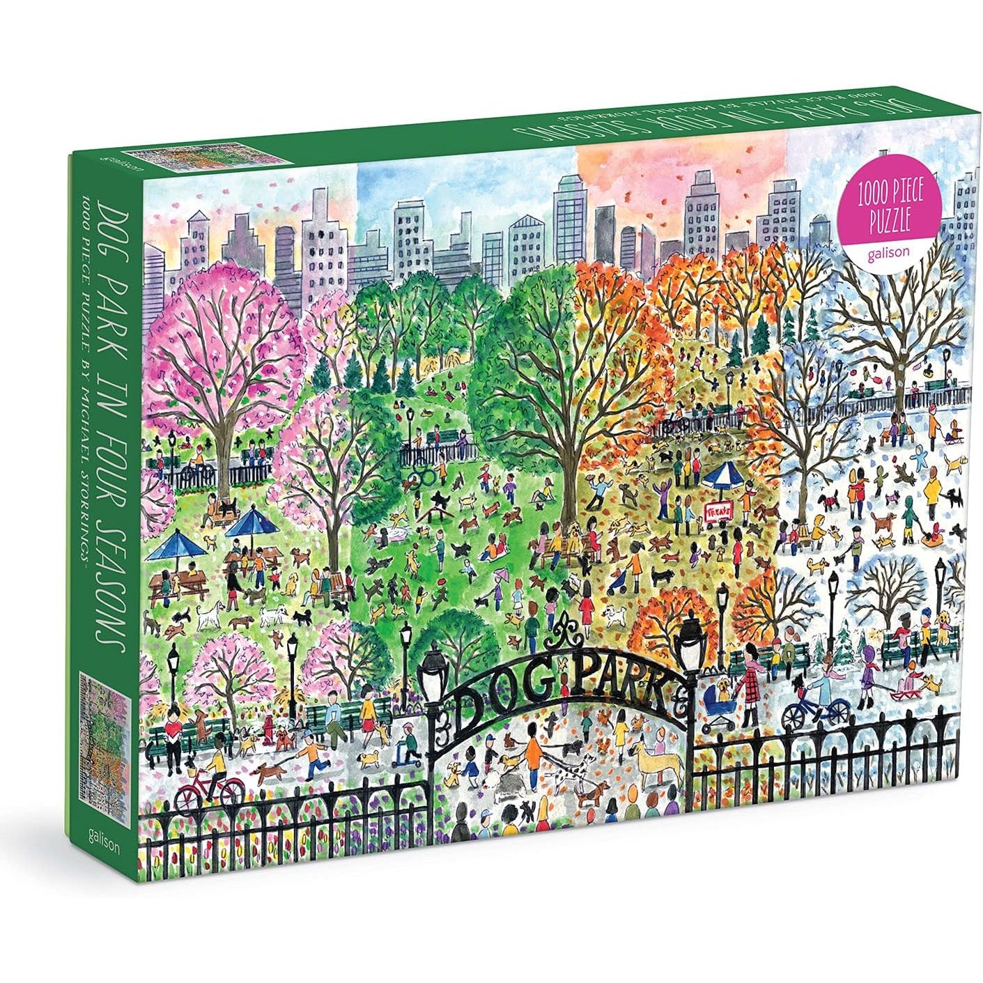 Puzzle 1000 elementów dla dorosłych Galison przedstawiające park z drzewami w czterech porach roku i miasto w tle