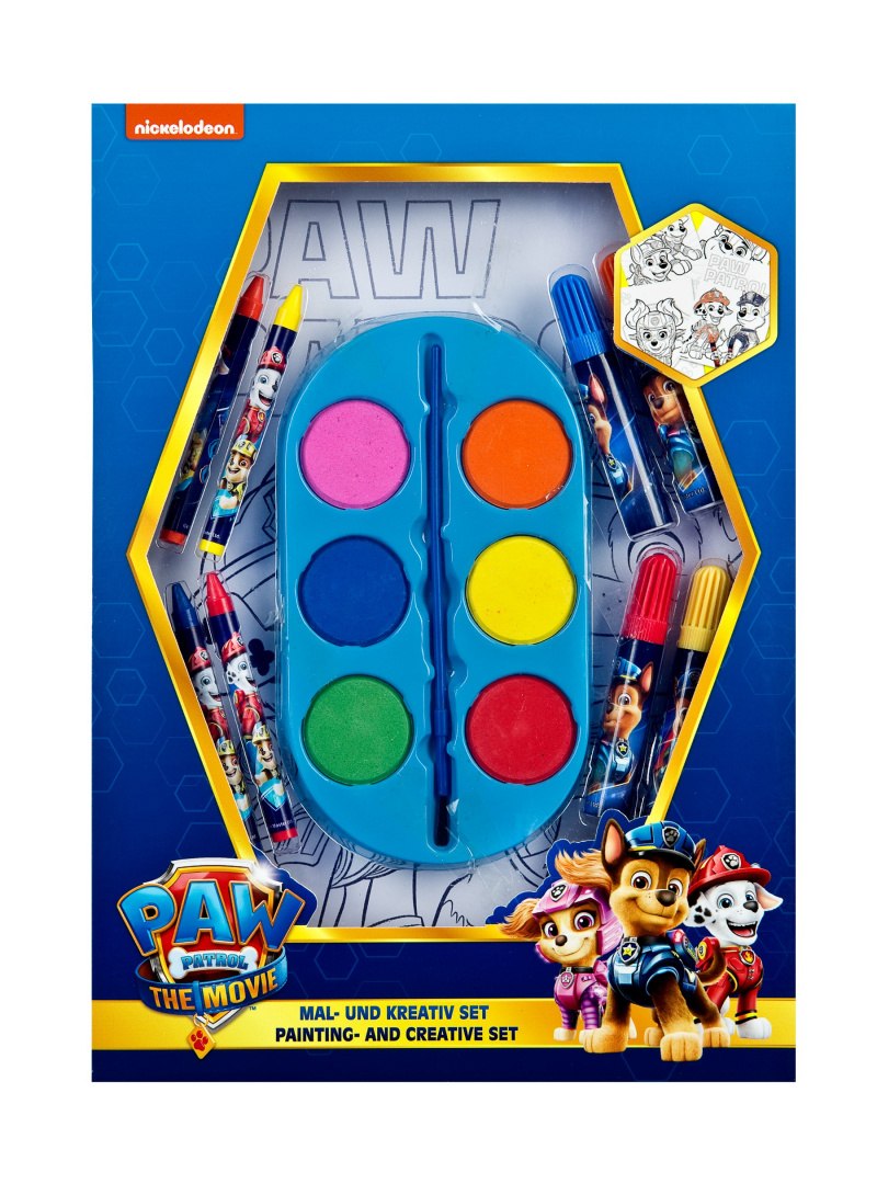 Libro para colorear de Paw Patrol con pinturas y lápices en el conjunto para pintar y diversión creativa