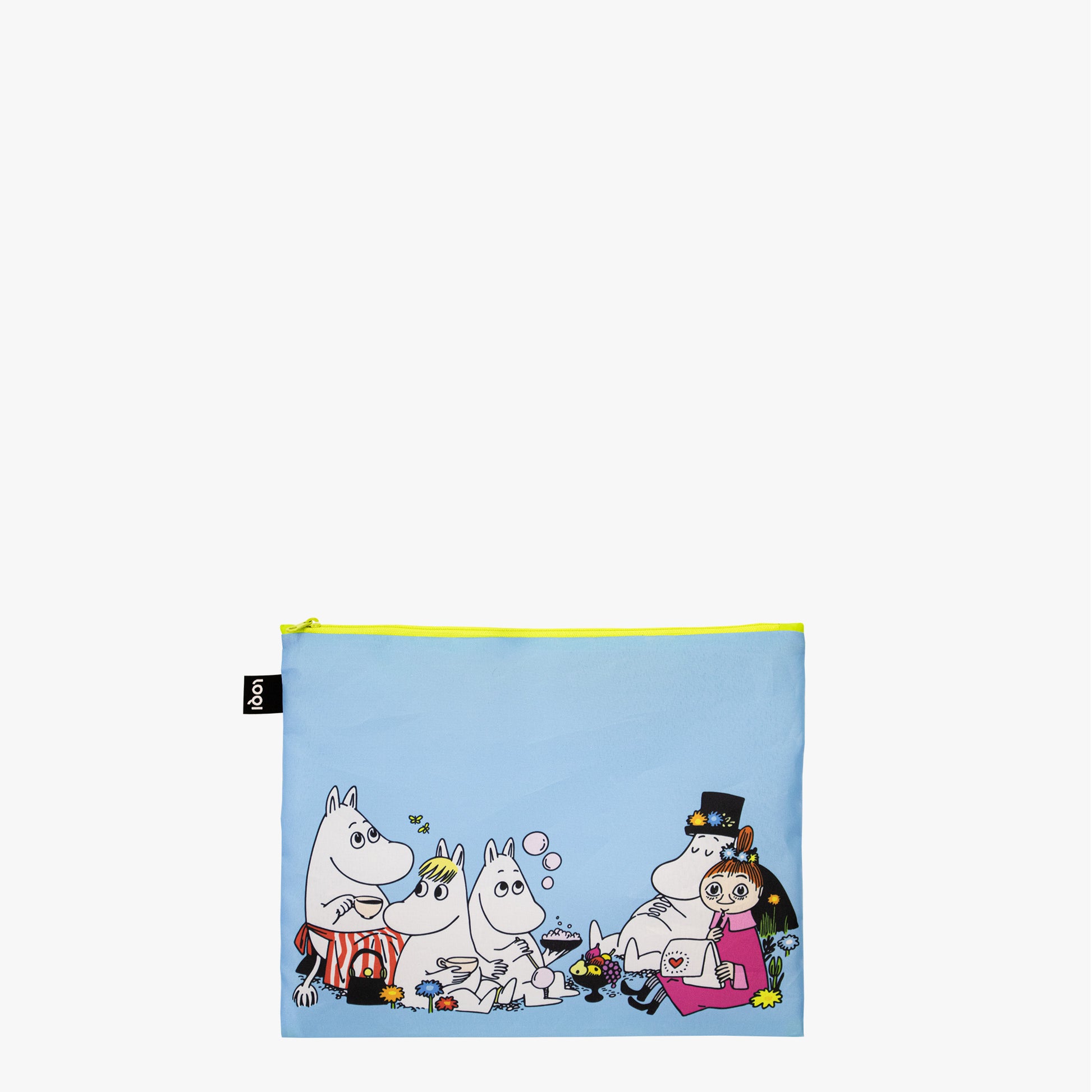 Niebieska saszetka LOQI z postaciami Moomin na jasnożółtym zamku saszetki Moomin dla dzieci