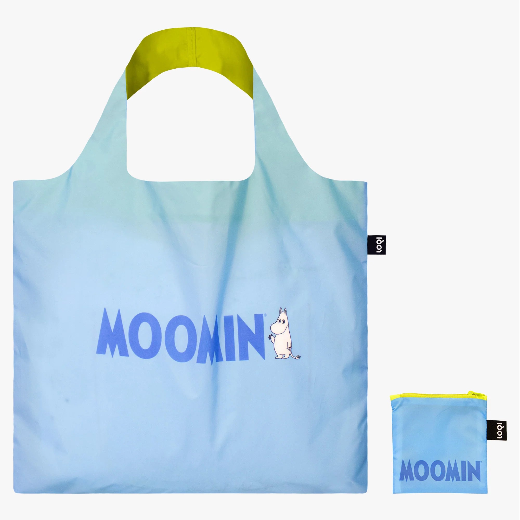 Torba LOQI Moomin niebieska z żółtymi uchwytami i nadrukiem postaci Moomin