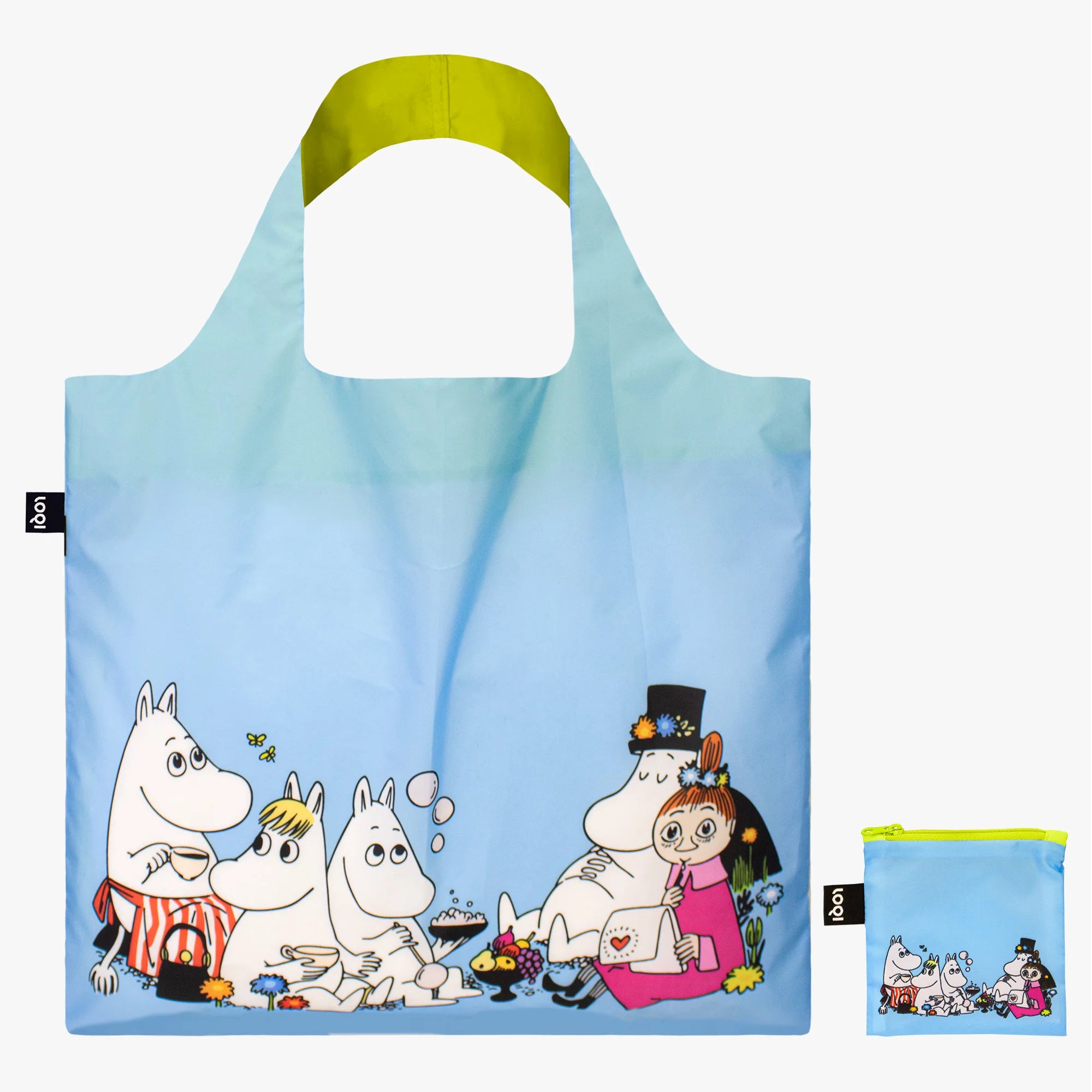 Torba LOQI Moomin z postaciami Muminków na niebieskim tle i żółtymi uchwytami