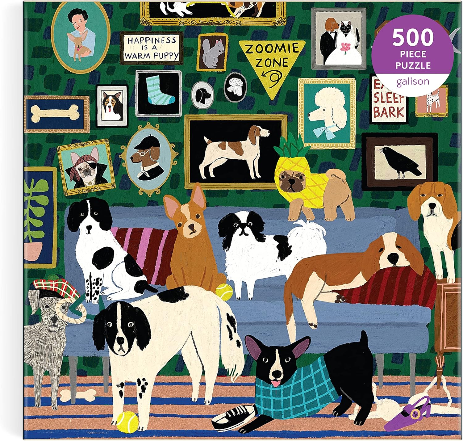 Puzzle z psami 500 elementów marki Galison z kolorową ilustracją różnych ras psów w pokoju