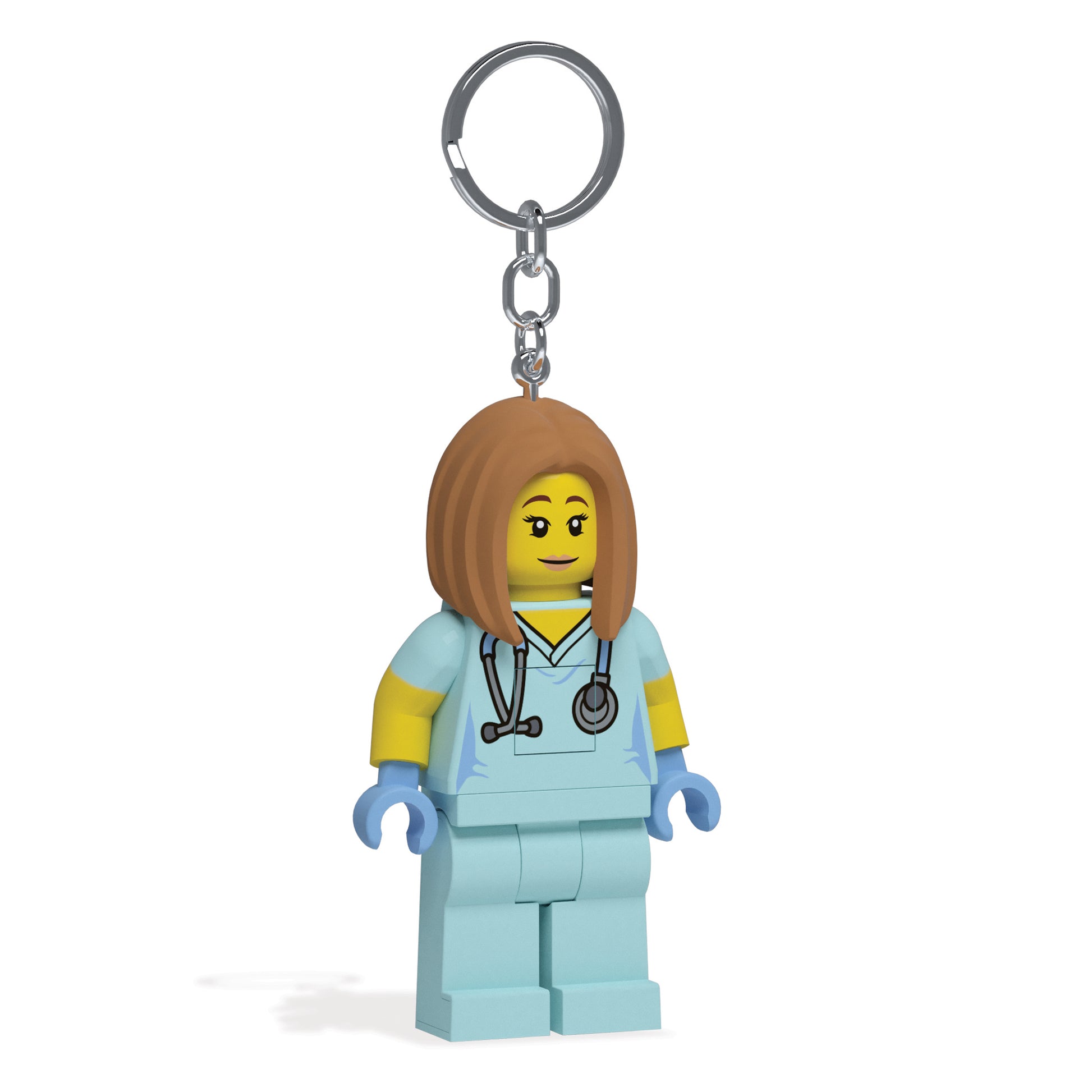 Brelok LEGO weterynarka z figurką lekarki weterynarii w niebieskim uniformie i stetoskopem