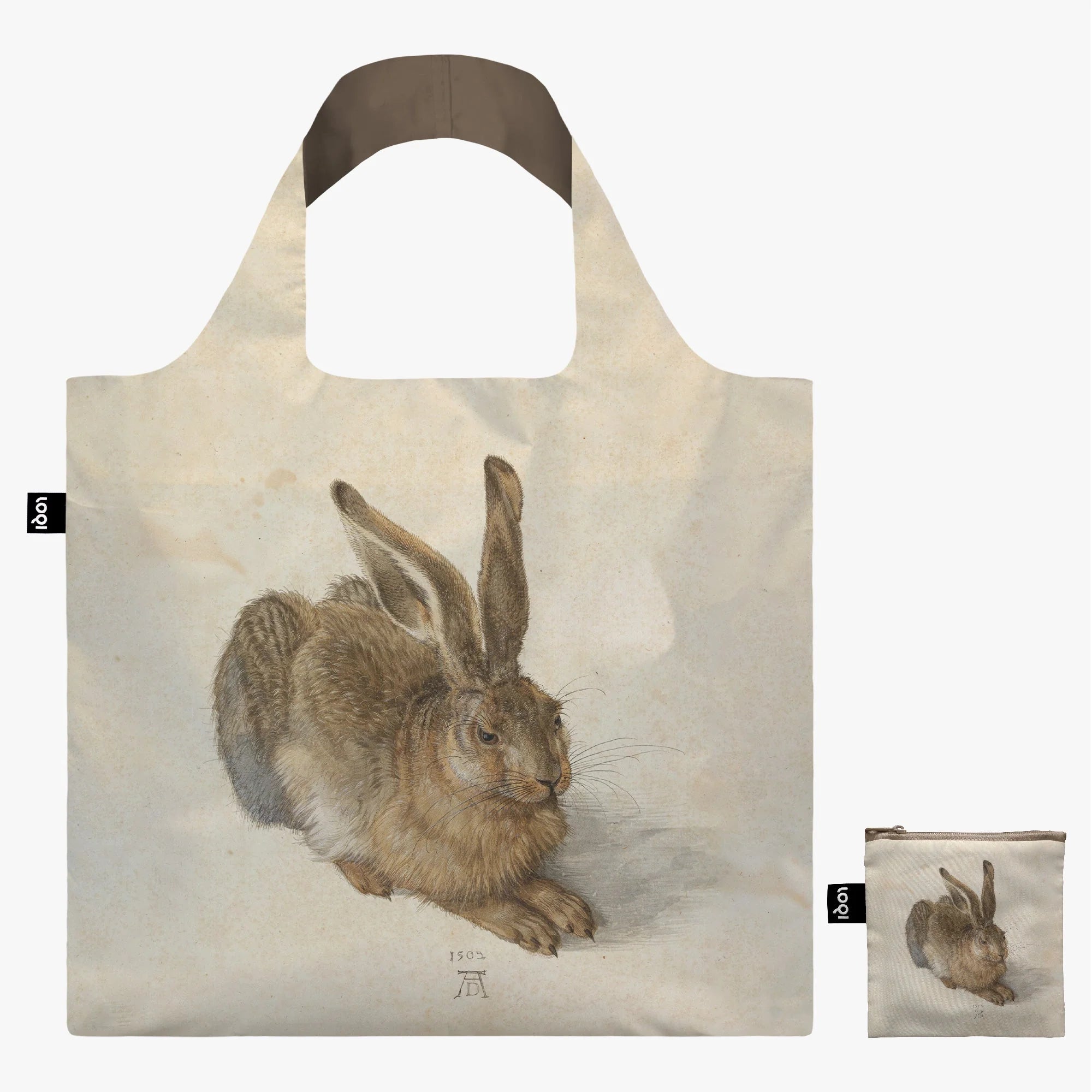 Torba z zającem Albrecht Dürer od LOQI z nadrukiem klasycznego rysunku zająca na beżowym tle