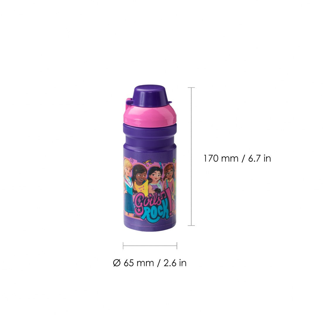 Bidon LEGO Friends dla dzieci w kolorze fioletowo-różowym z nadrukiem postaci i napisem Girls Rock