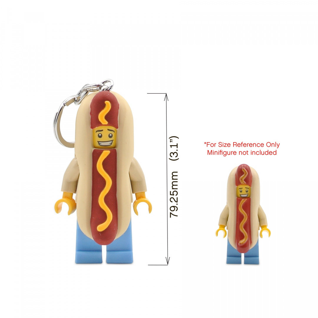 Brelok LEGO z latarką w kształcie minifigurki hot doga z żółtym ketchupem i niebieskimi spodniami