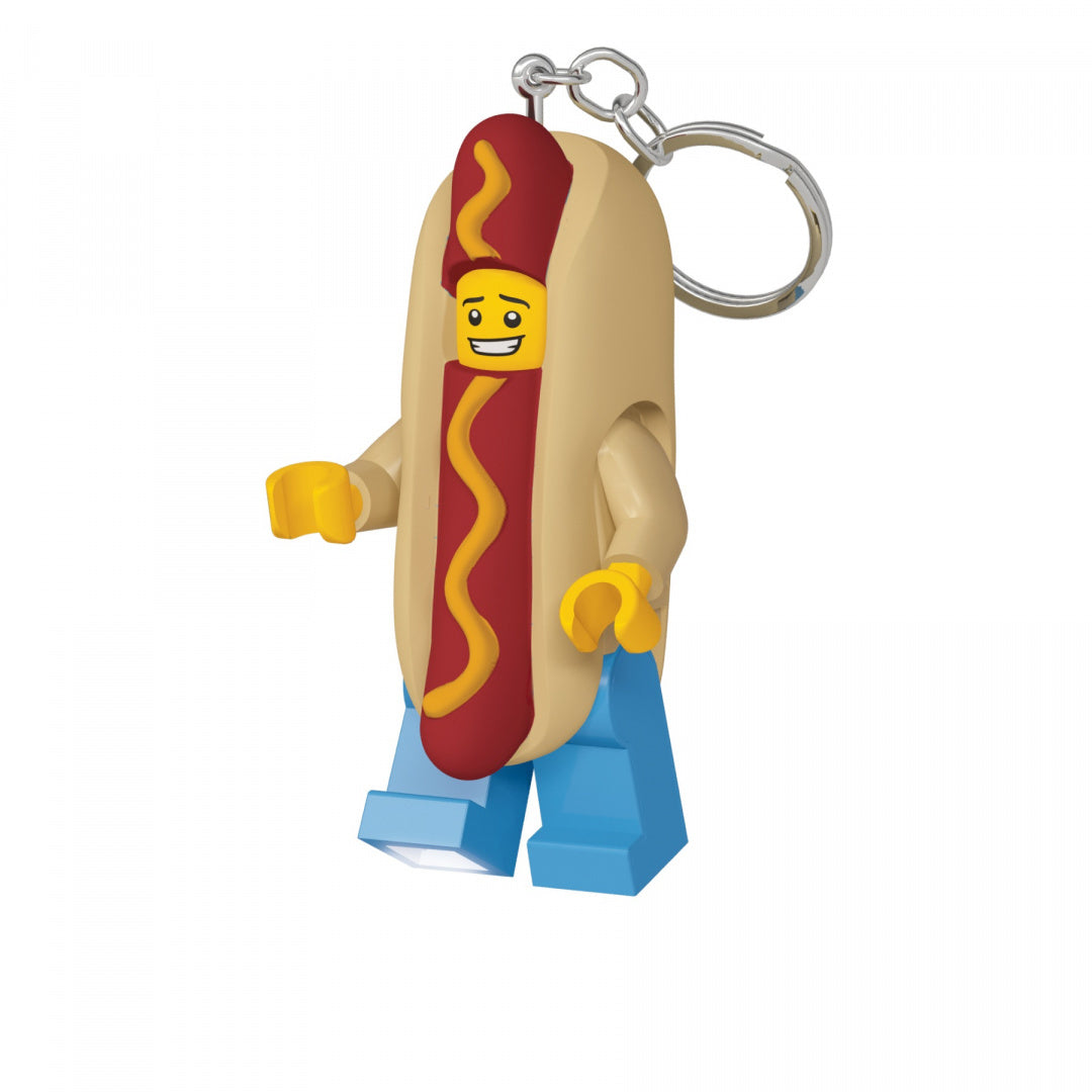 brelok LEGO z latarką w kształcie figurki hot doga z niebieskimi nogami i uśmiechniętą twarzą