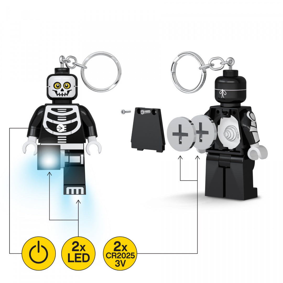 Brelok LEGO z latarką w kształcie czarno-białej figurki szkieletu z dwoma diodami LED