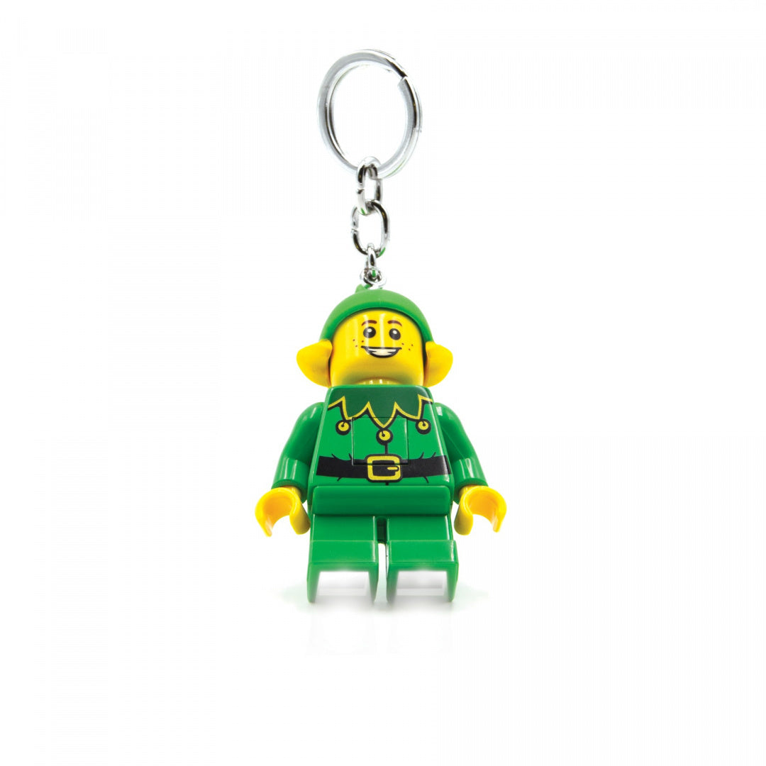 brelok z latarką LEGO Elf w zielonym stroju z uśmiechniętą minifigurką na białym tle