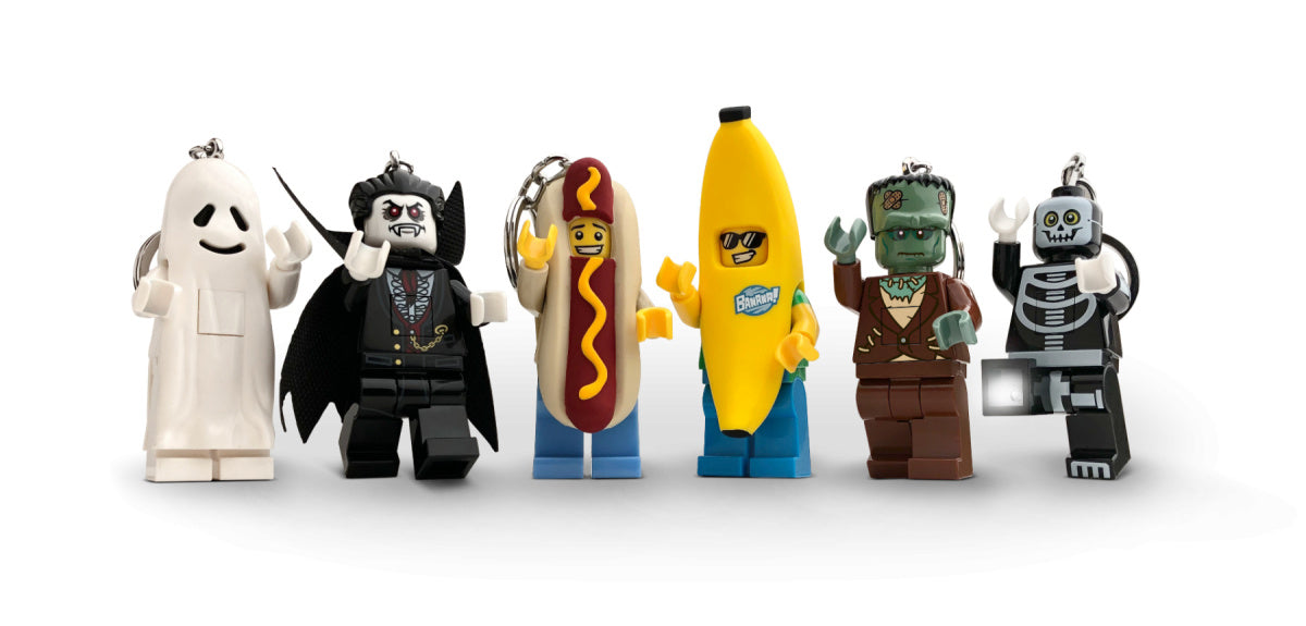 Brelok z latarką LEGO Frankenstein oraz pięć figurek w kostiumach kostek i potworów