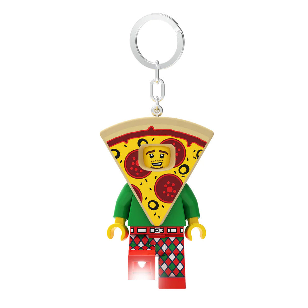 brelok LEGO z latarką postać ludzika z pizzą i świecącą nogą na breloczku