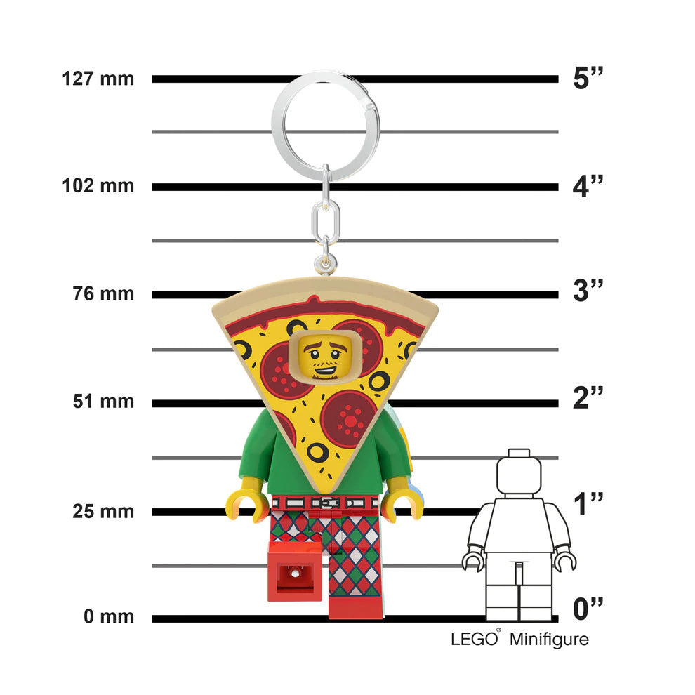 brelok LEGO z latarką przedstawiający minifigurkę w kostiumie pizzy z kolorowymi spodniami