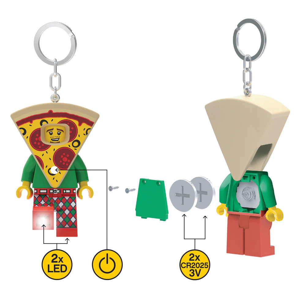 Brelok LEGO z latarką LED w kształcie postaci z pizzą zasilany bateriami CR2025