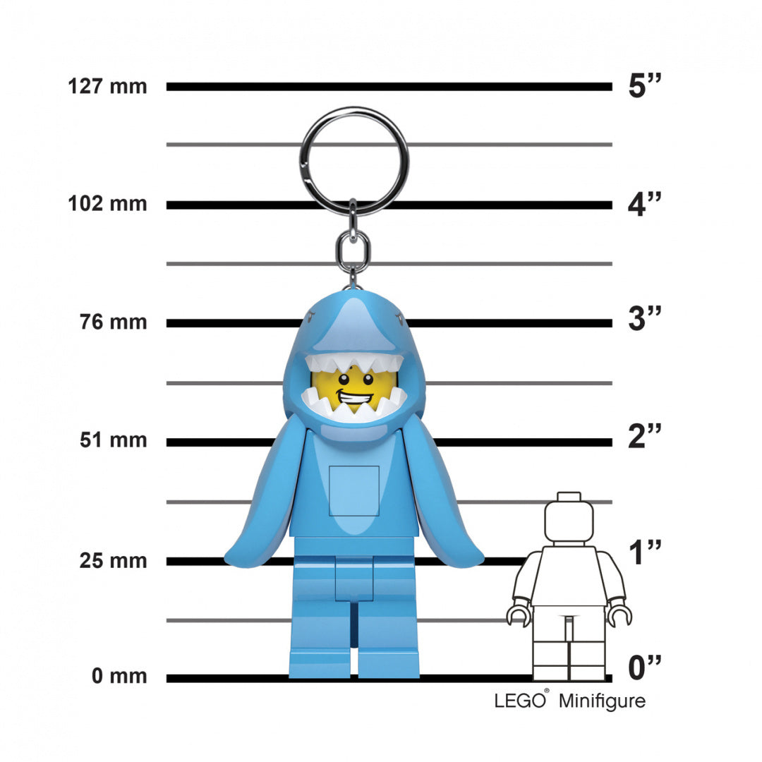 MOB brelok LEGO z latarką w kształcie figurki reklamującej kostium rekina w niebieskim kolorze