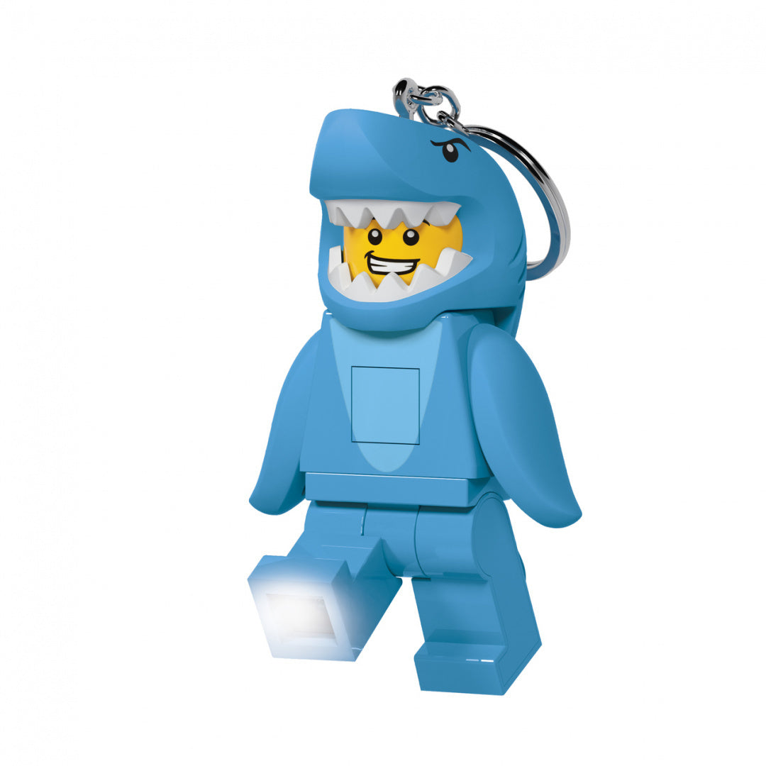 Brelok LEGO z latarką w kształcie niebieskiego rekina z uśmiechniętą minifigurką