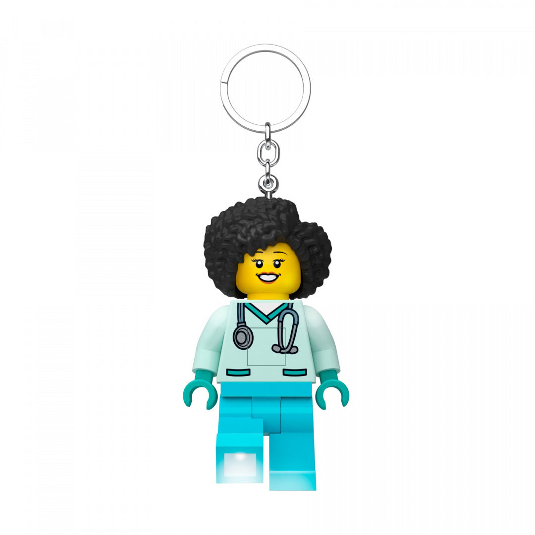 MOB brelok LEGO z latarką w kształcie minifigurki lekarza z afro i stetoskopem