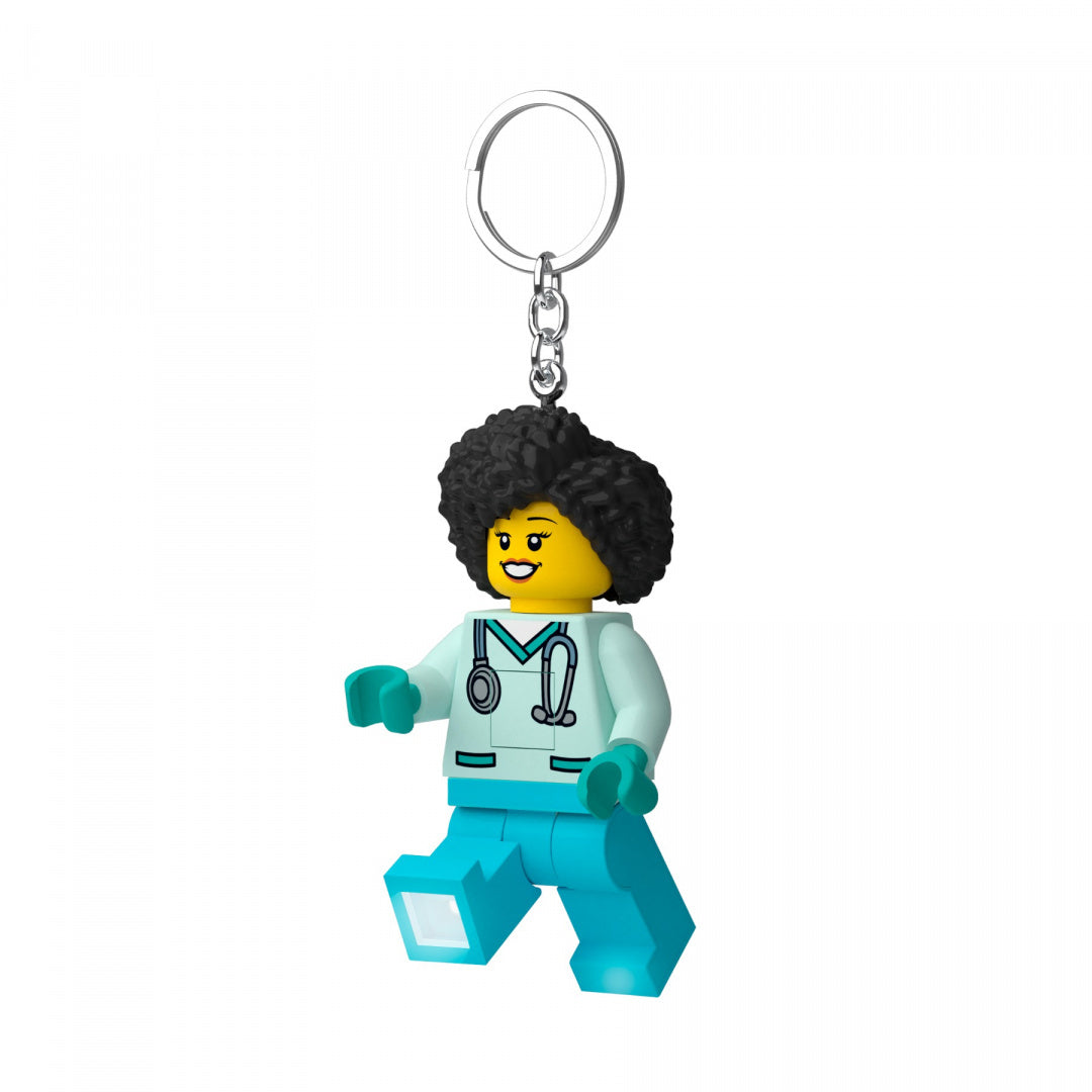 brelok LEGO z latarką w kształcie mini figurki lekarza z ciemnymi włosami i stetoskopem