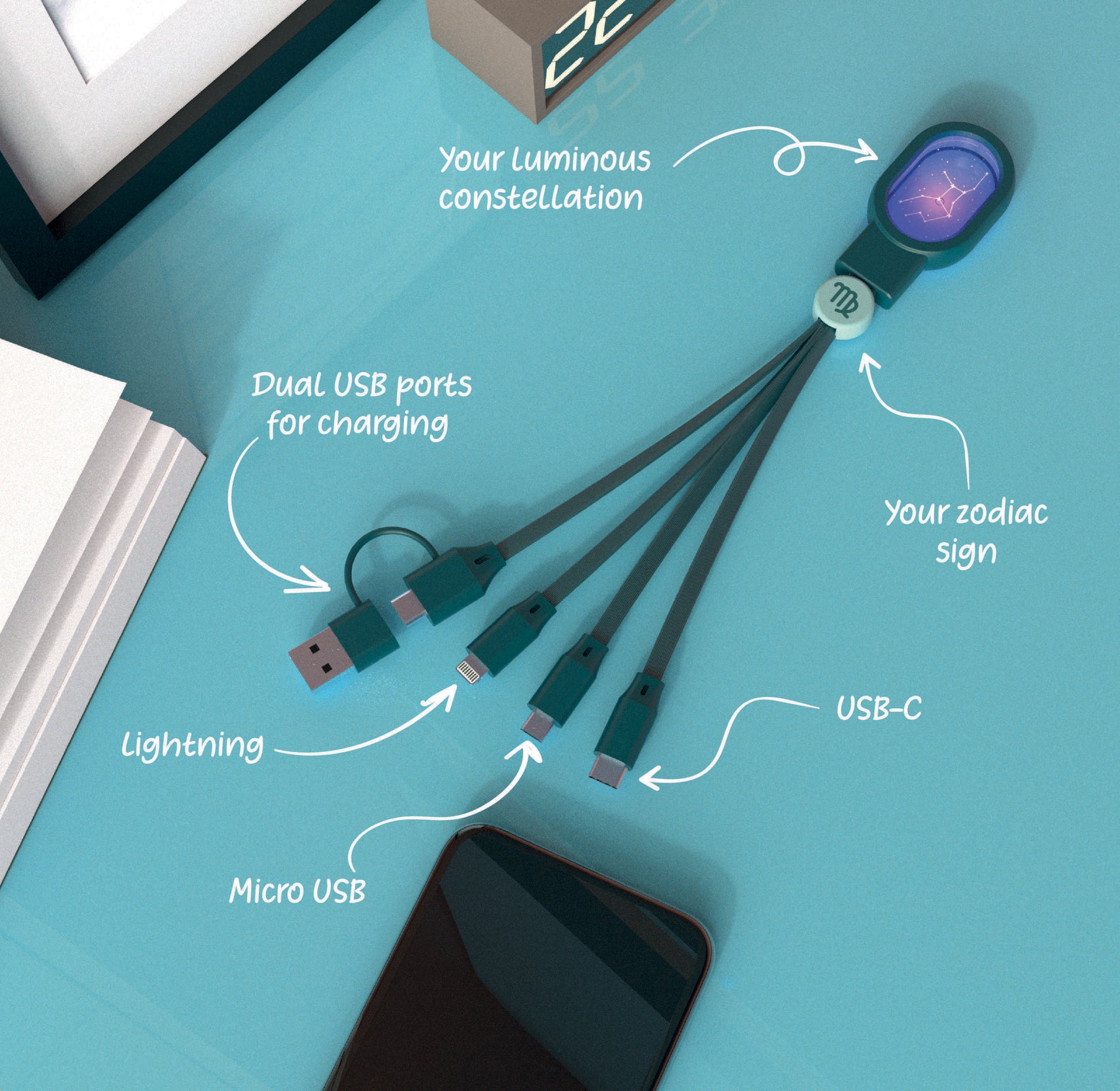 Kabel 5 w 1 do ładowania z podświetlaną konstelacją i symbolami zodiaku od WABOBA AB