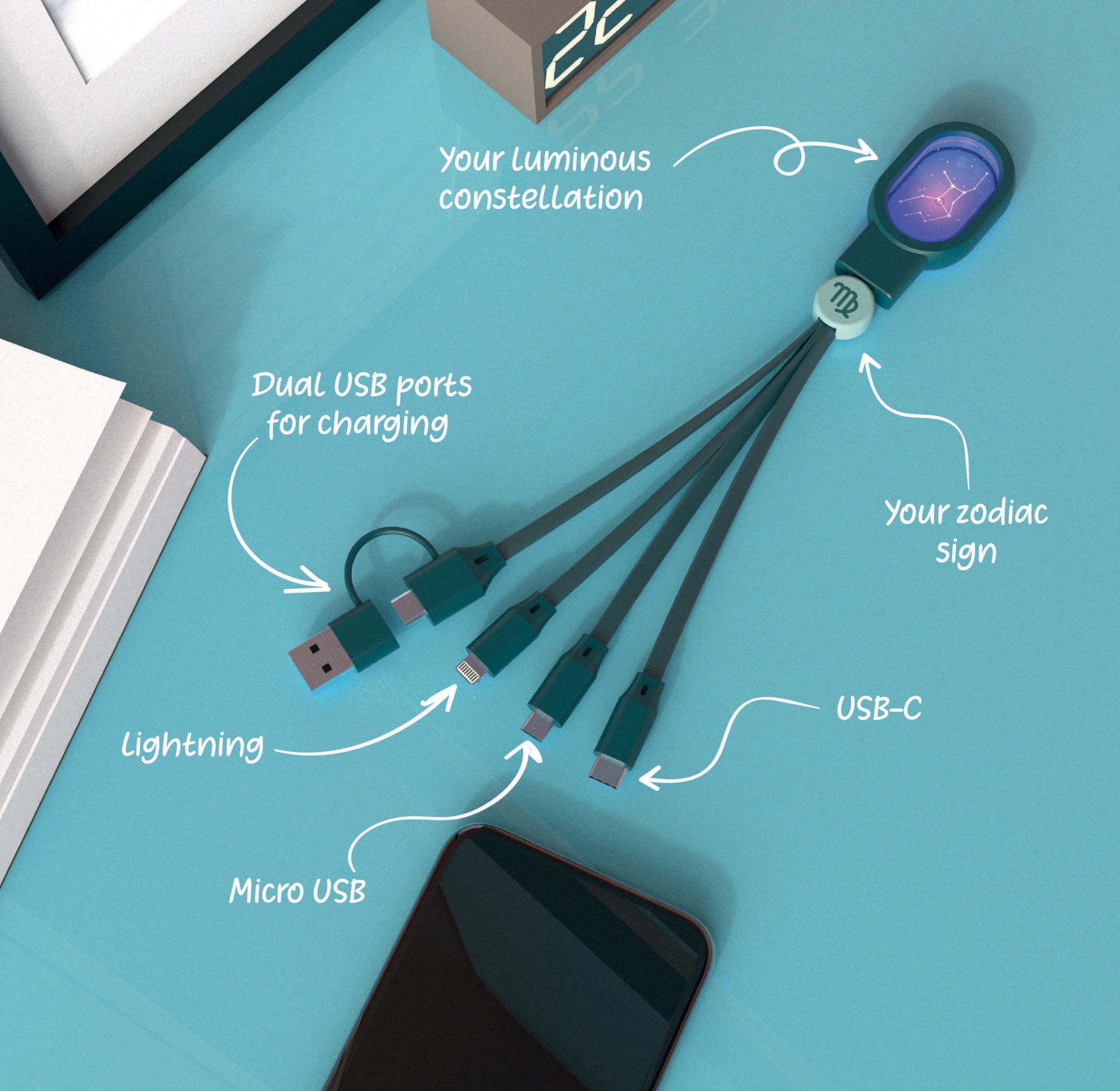 Kabel 5 w 1 do ładowania z podświetlaną konstelacją i symbolami zodiaku od WABOBA AB