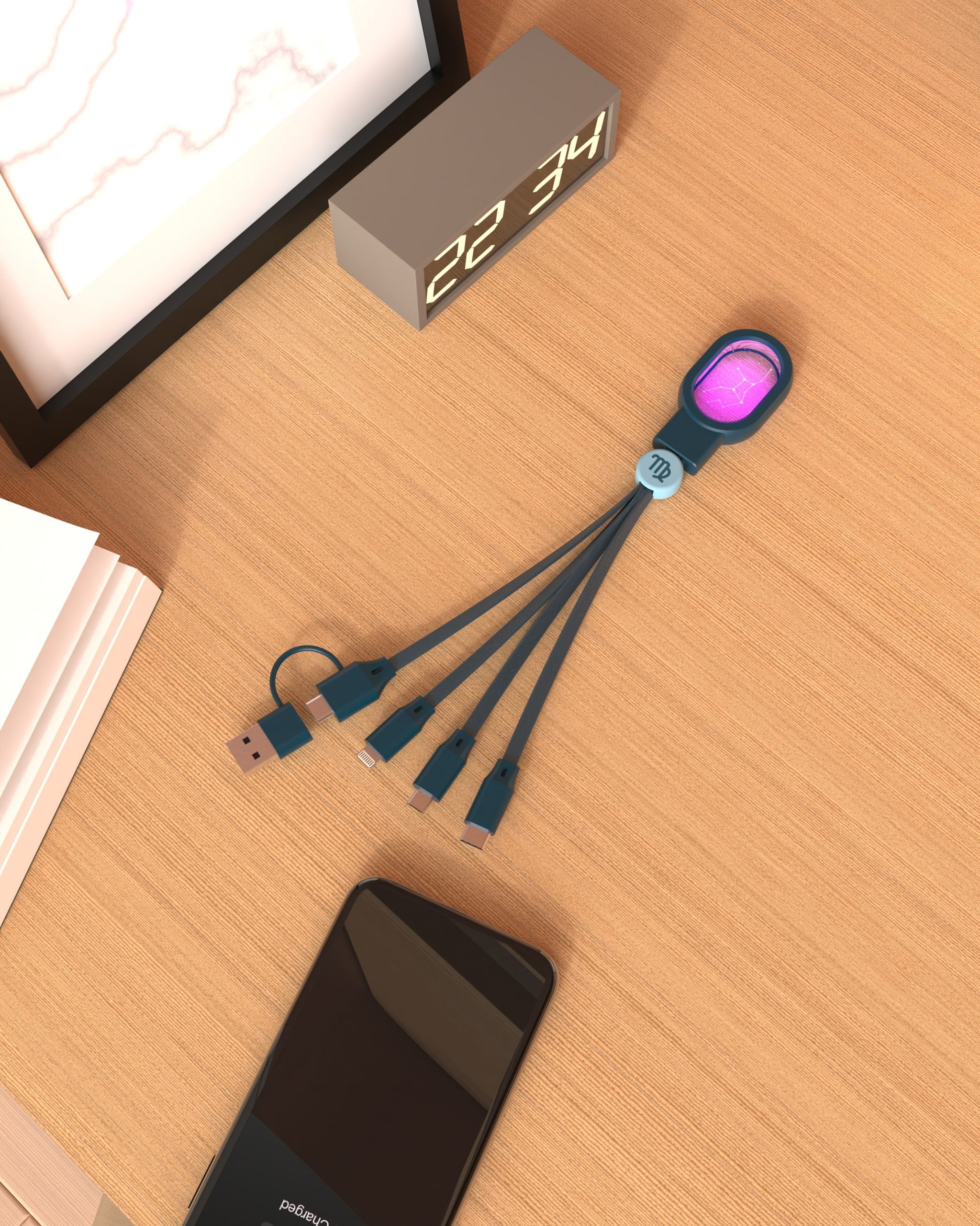 Kabel 5 w 1 Bliźnięta do ładowania z pięcioma różnymi końcówkami na drewnianym biurku