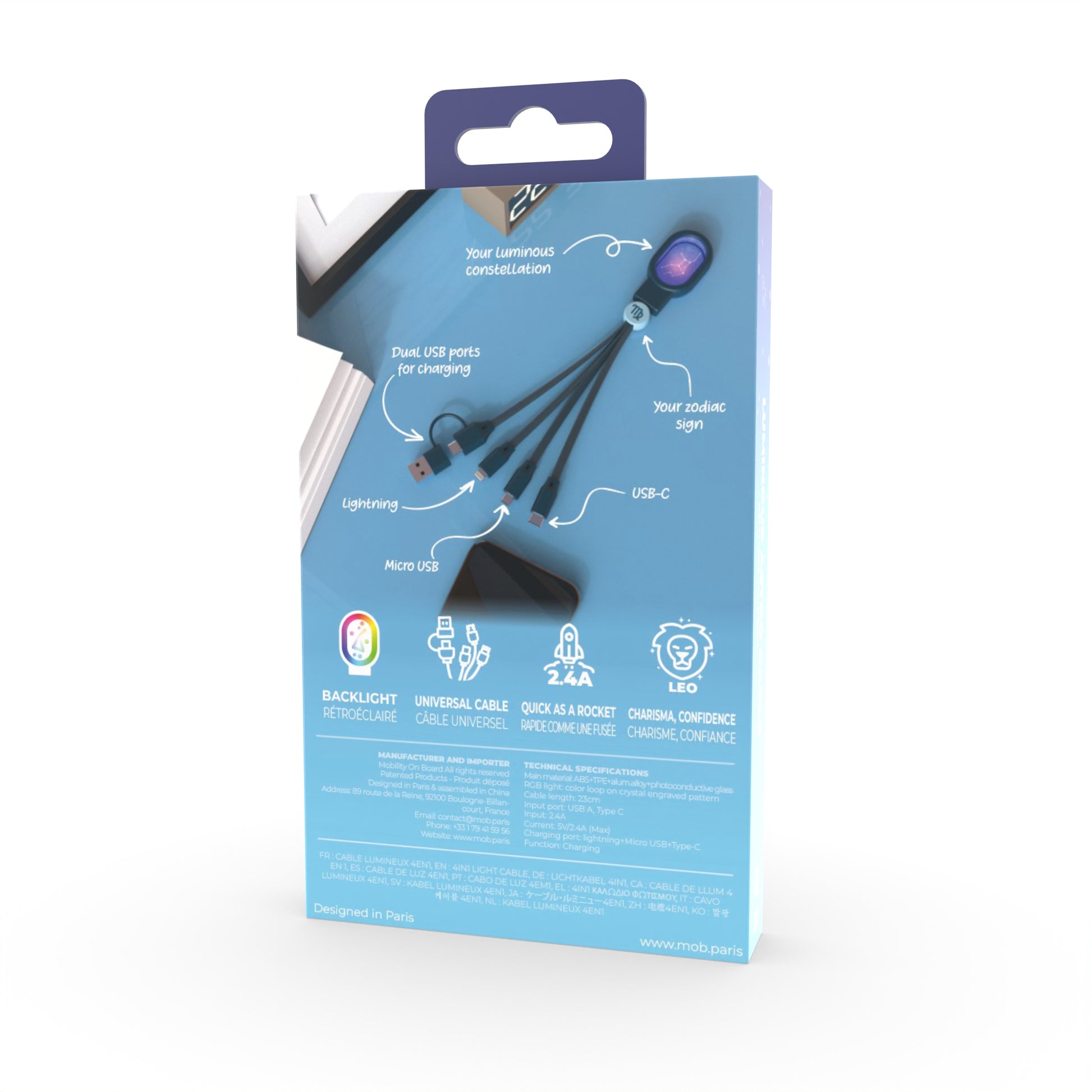Opakowanie z kablem 5 w 1 zodiak strzelec z łączami Lightning, Micro USB i USB-C od WABOBA AB