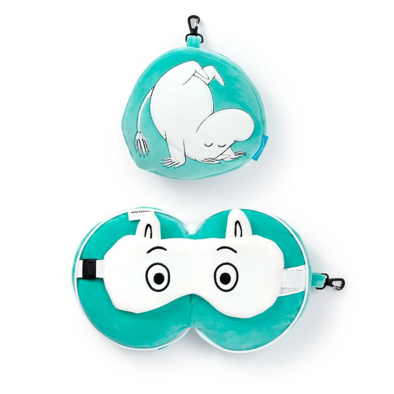 Pluszowa poduszka podróżna Moomin w turkusowym kolorze z maską na oczy i zapięciem na klips