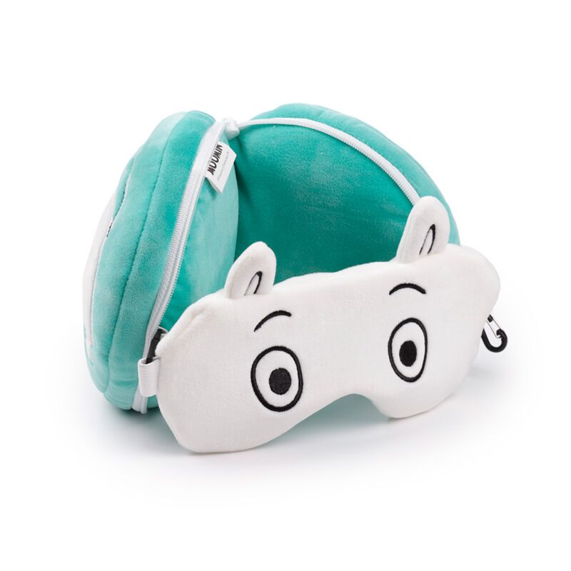 Pluszowa poduszka podróżna Moomin w turkusowym etui z maską na oczy z motywem Moominów
