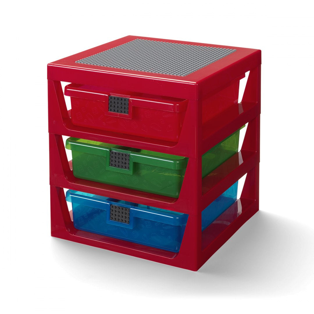 Czerwony regał LEGO z szufladami w trzech kolorach z górną powierzchnią kompatybilną z klockami LEGO