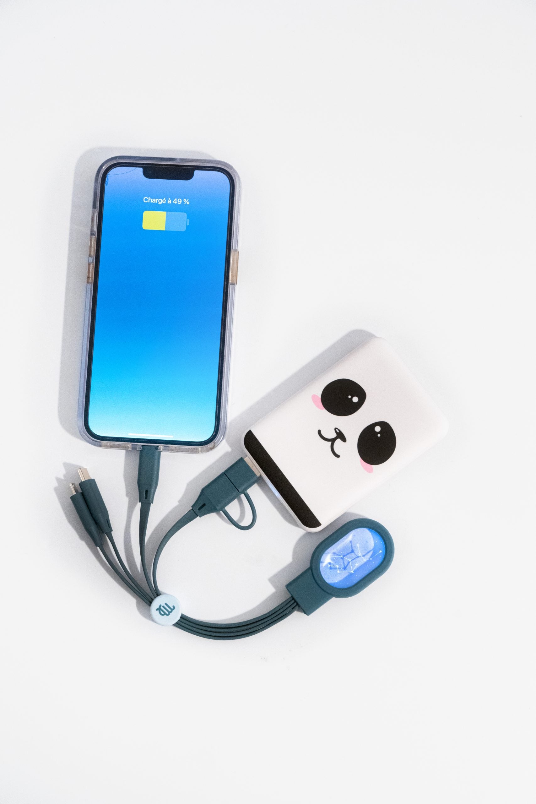 Kabel 5 w 1 do ładowania podłączony do smartfona i powerbanka z uroczym motywem pandy