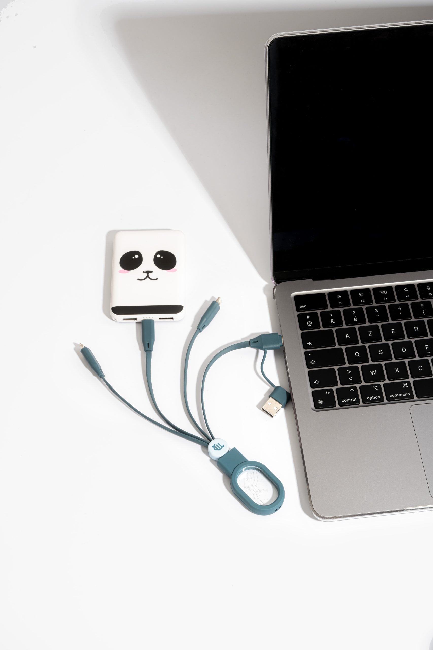 Kabel 5 w 1 Bliźnięta firmy WABOBA AB podłączony do laptopa obok powerbanku z motywem pandy