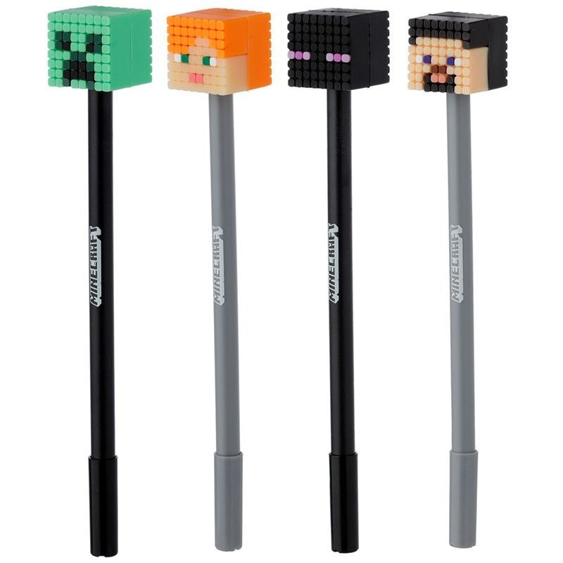 Caneta Minecraft com cabeças de personagens de pixels coloridos em barris pretos e cinzas
