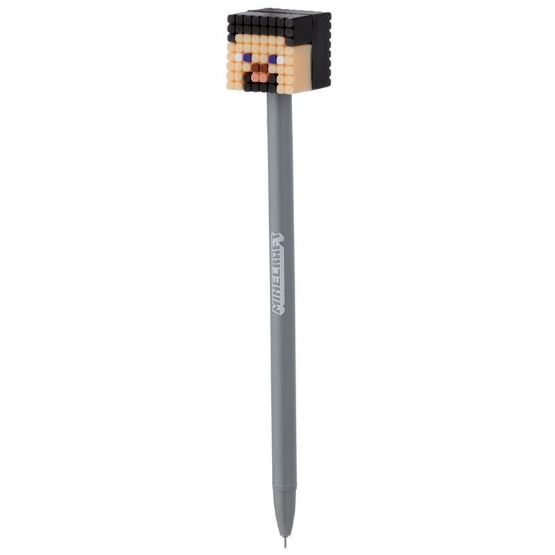 Caneta Minecraft cinza com decoração de cabeça de personagem com gráficos de pixel