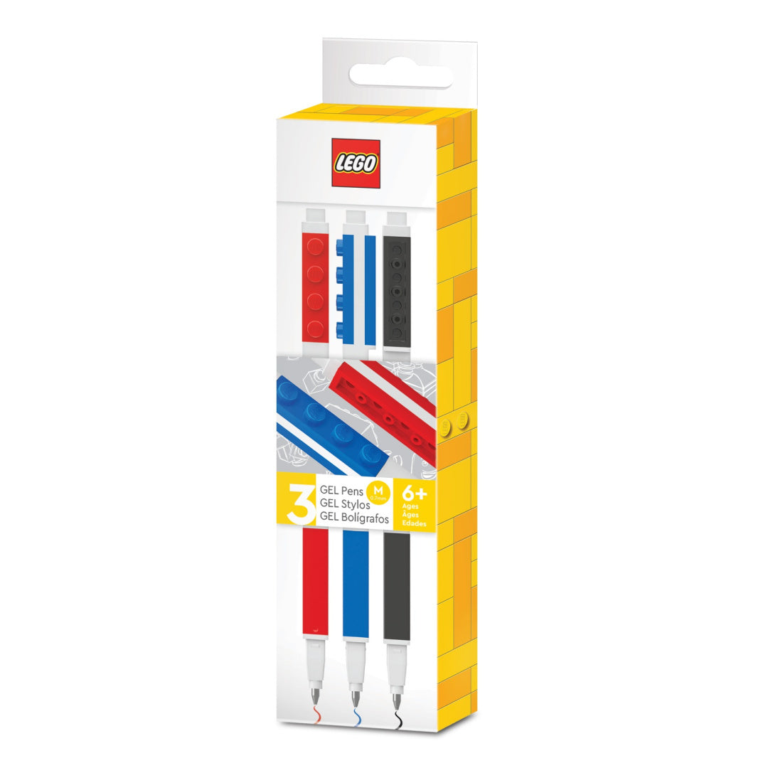 Zestaw trzech długopisów żelowych LEGO w kolorach czerwonym, niebieskim i czarnym