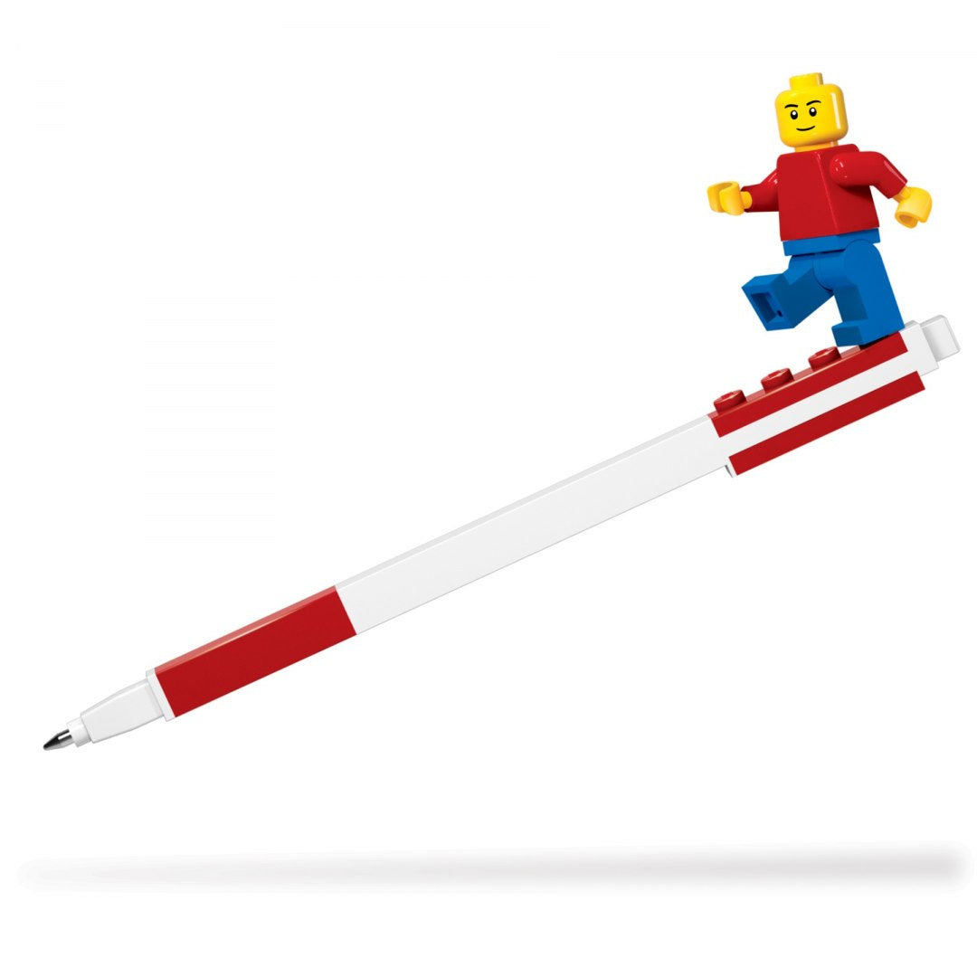 długopis żelowy LEGO czerwony z figurką Lego w czerwonej koszulce i niebieskich spodniach