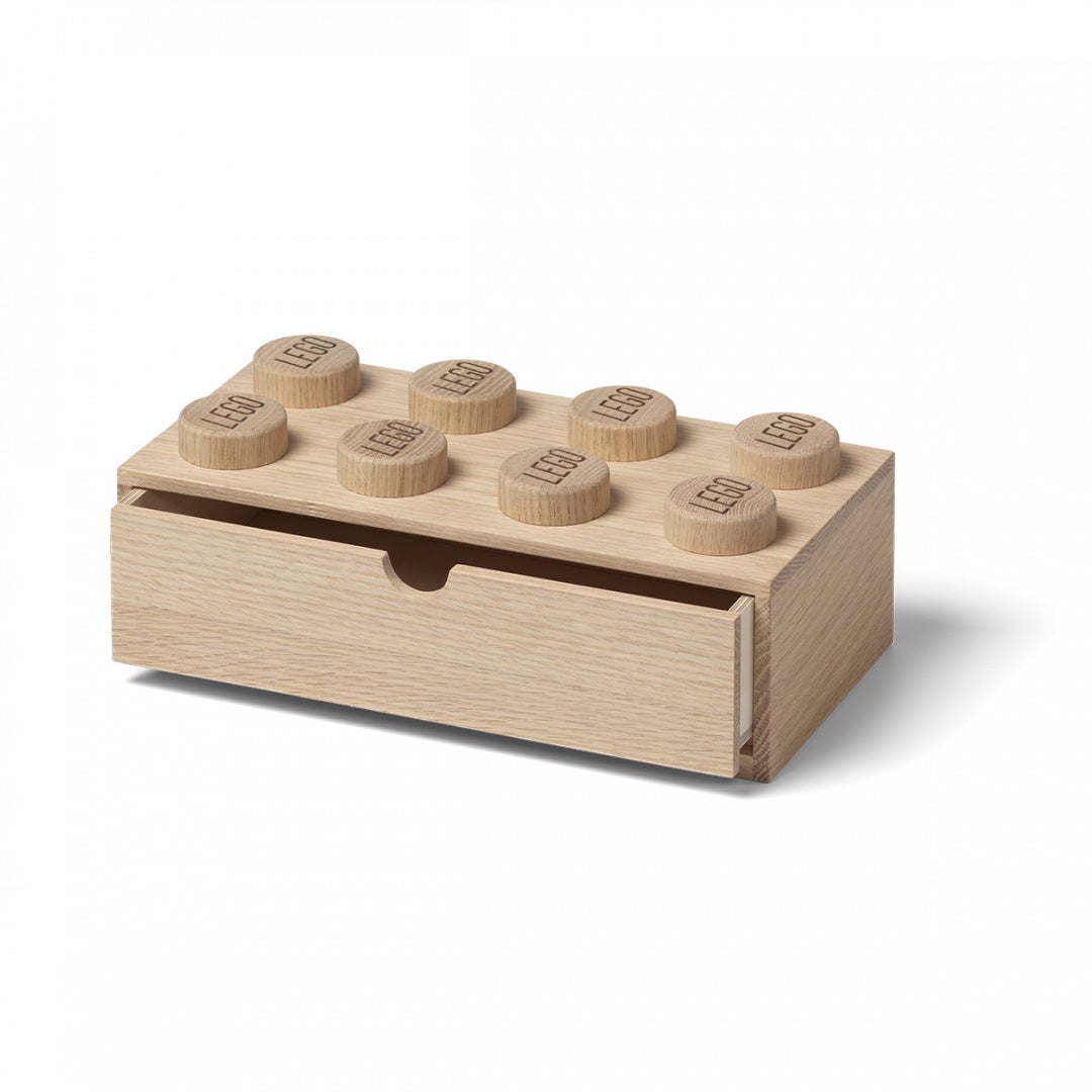 Drewniana szufladka LEGO na biurko z naturalnego drewna z wyrytymi elementami klocków LEGO