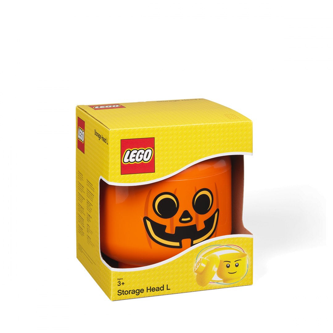 Pojemnik LEGO dynia w kształcie pomarańczowej dyni z uśmiechniętą twarzą w żółtym opakowaniu