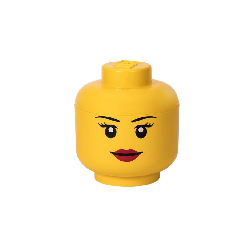 Pojemnik LEGO głowa dziewczynka w kolorze żółtym z uśmiechniętą twarzą i czerwonymi ustami
