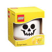 Pojemnik LEGO głowa szkieletor w kształcie białej czaszki do przechowywania z żółtym opakowaniem