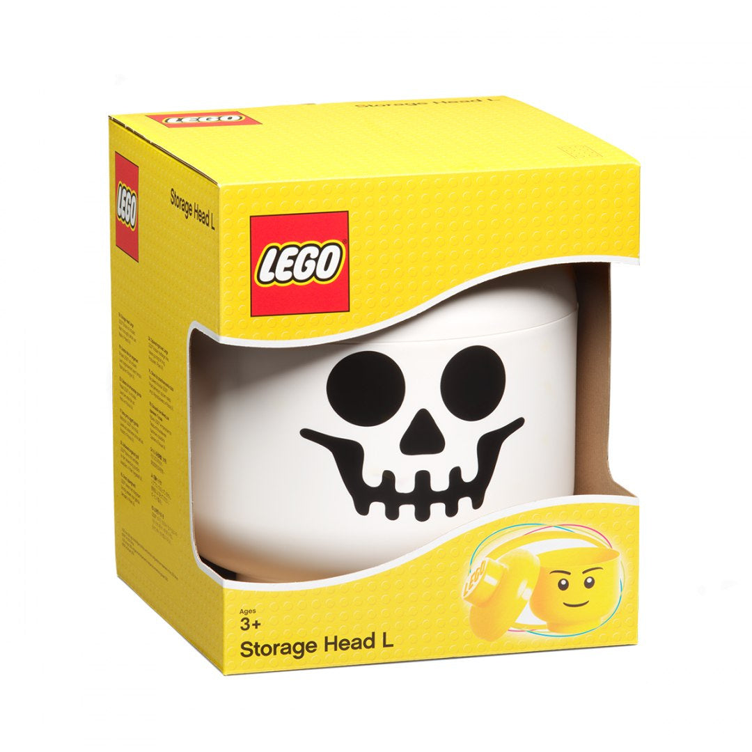 Pojemnik LEGO głowa szkieletor w kształcie białej czaszki do przechowywania z żółtym opakowaniem
