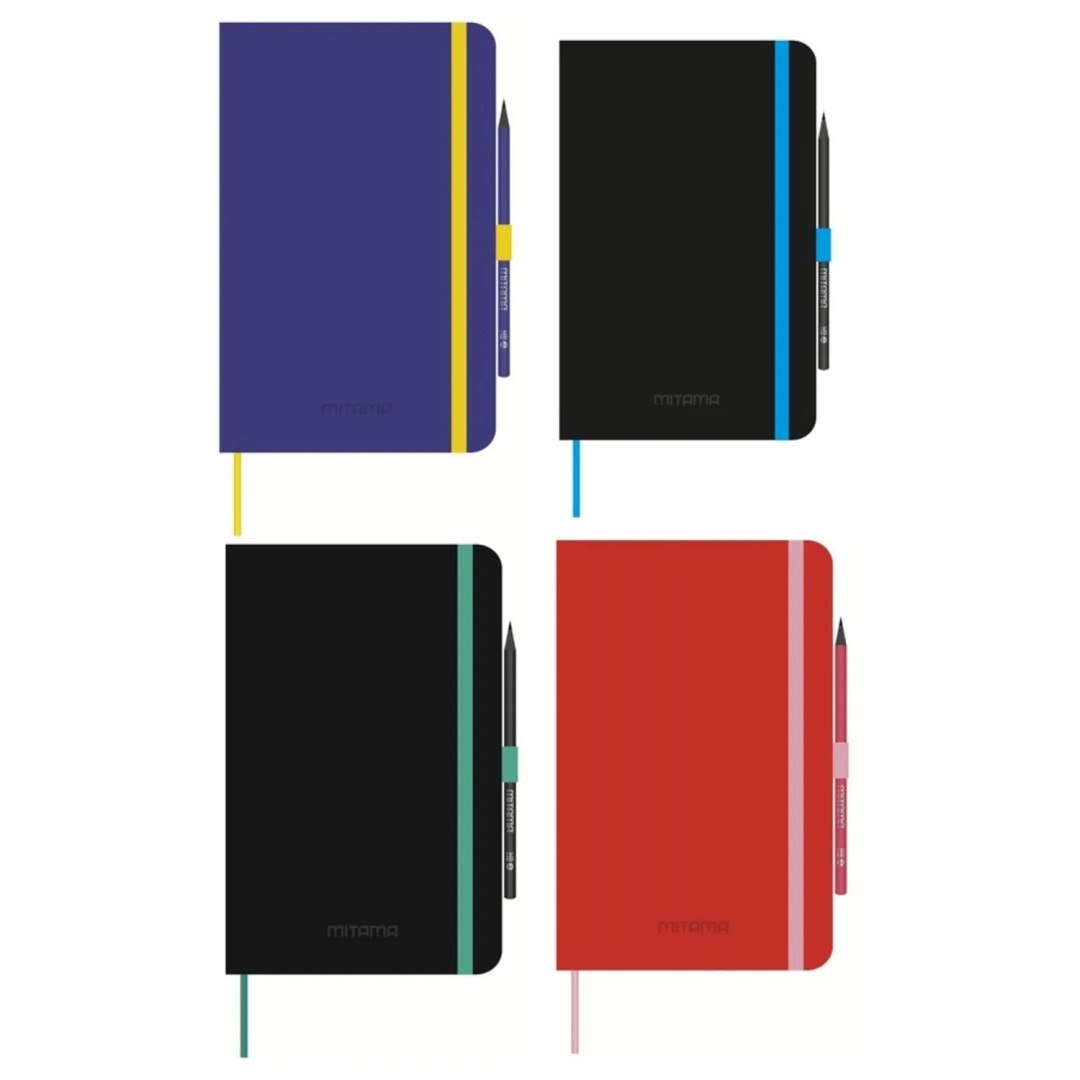 Caderno grande MITAMA 13x21 em quatro cores com caneta e elástico